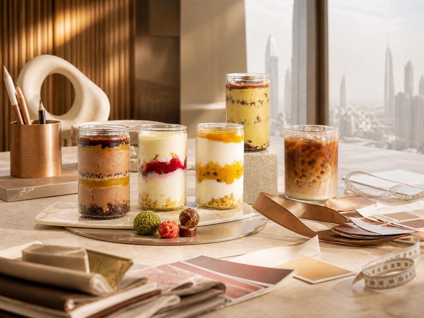 Dessert jars and small bites arranged on a warm creative studio table.