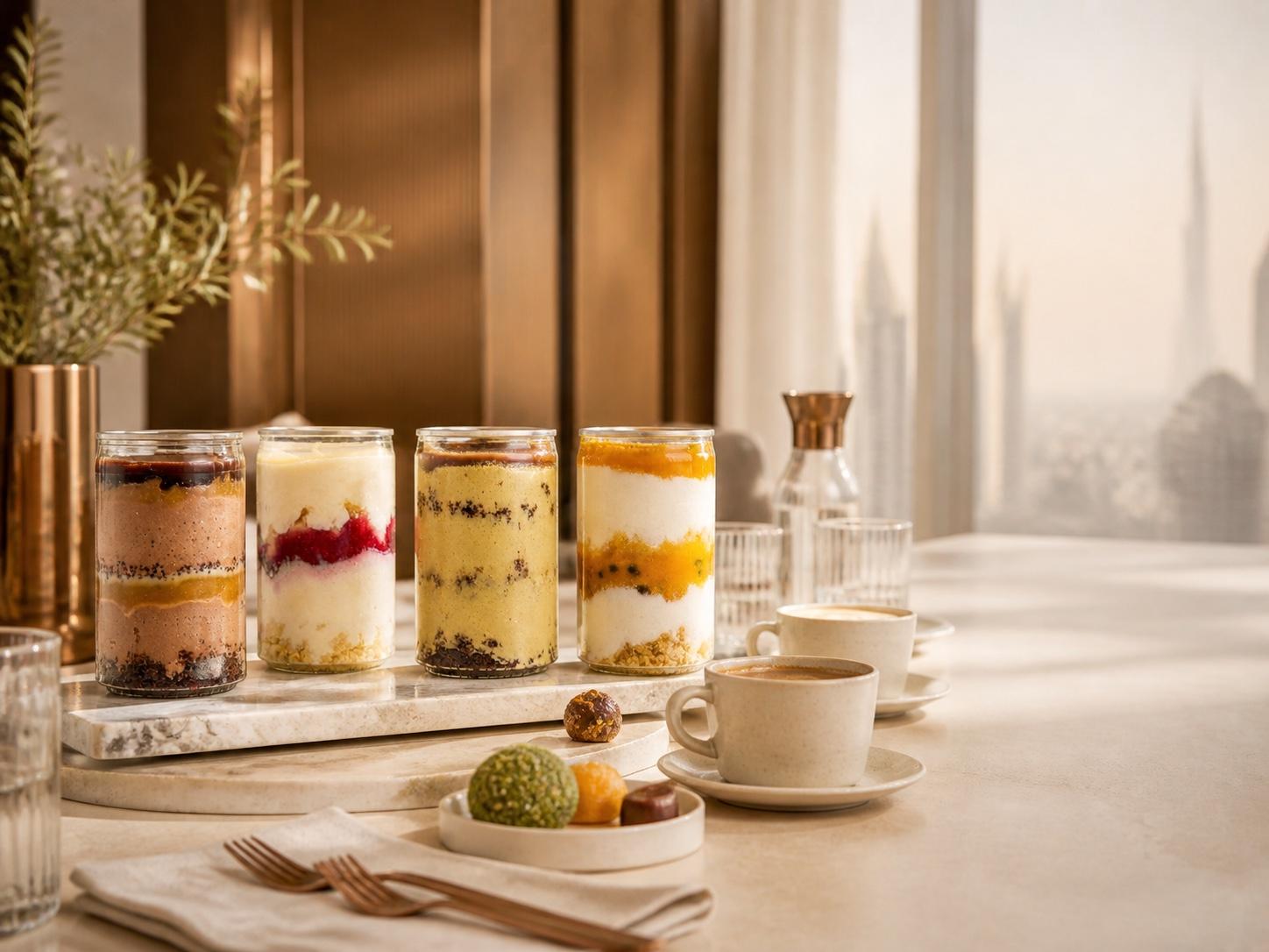 CRMY dessert jars, coffee and small bites arranged for an office or hospitality counter.