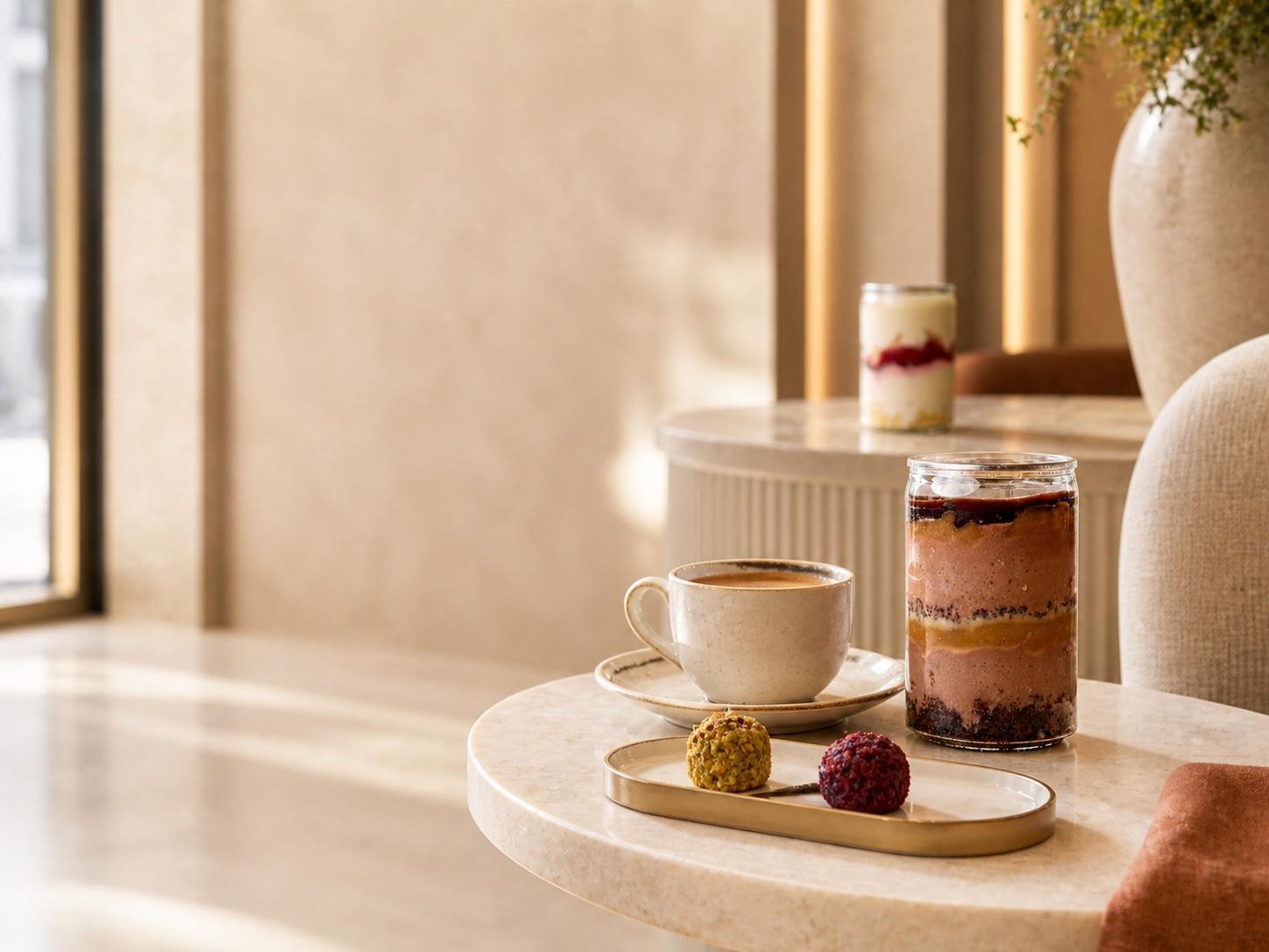 A coffee cup, a CRMY dessert jar and two small confectionery bites arranged on a warm reception counter.