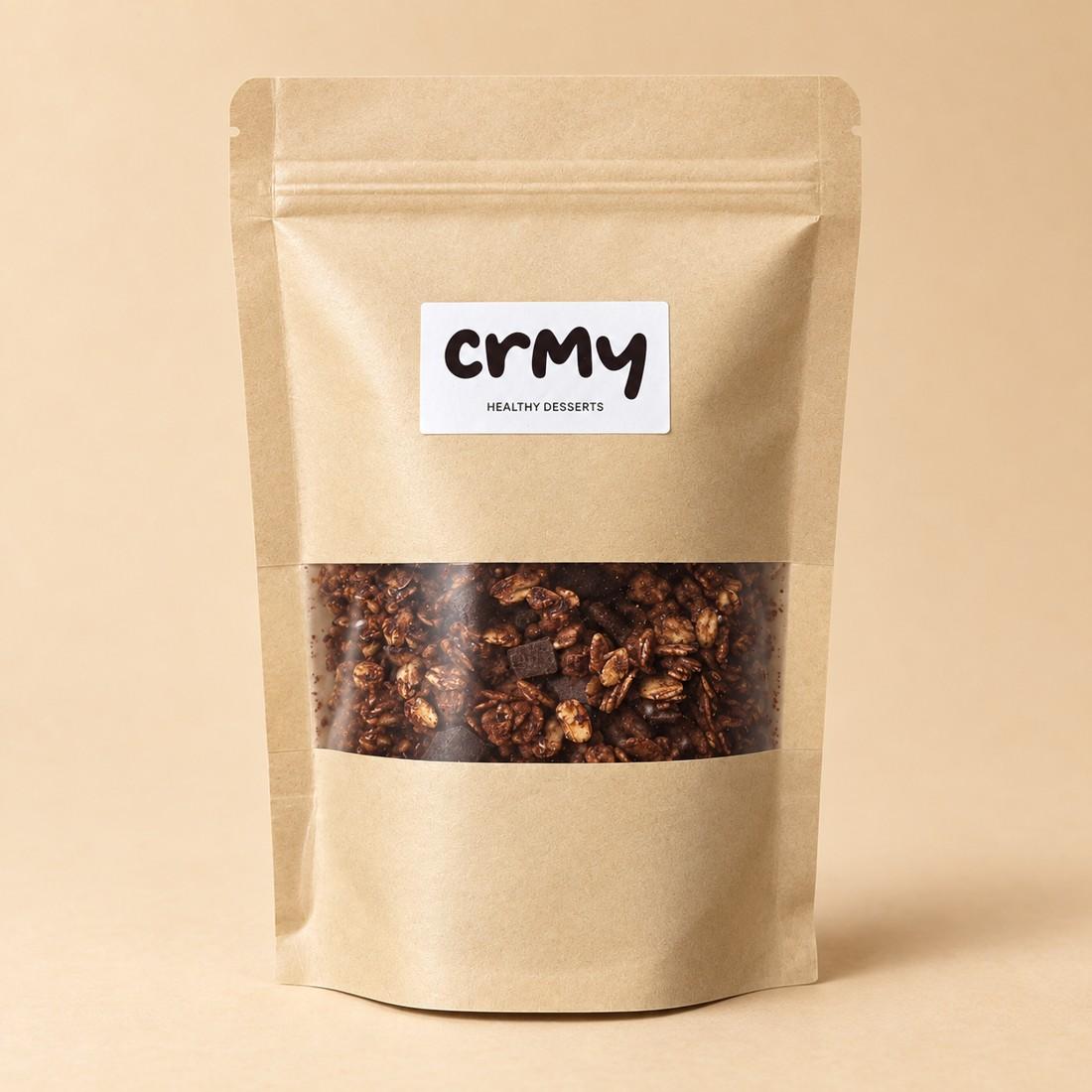 Dark chocolate granola in a CRMY kraft pouch with a clear window