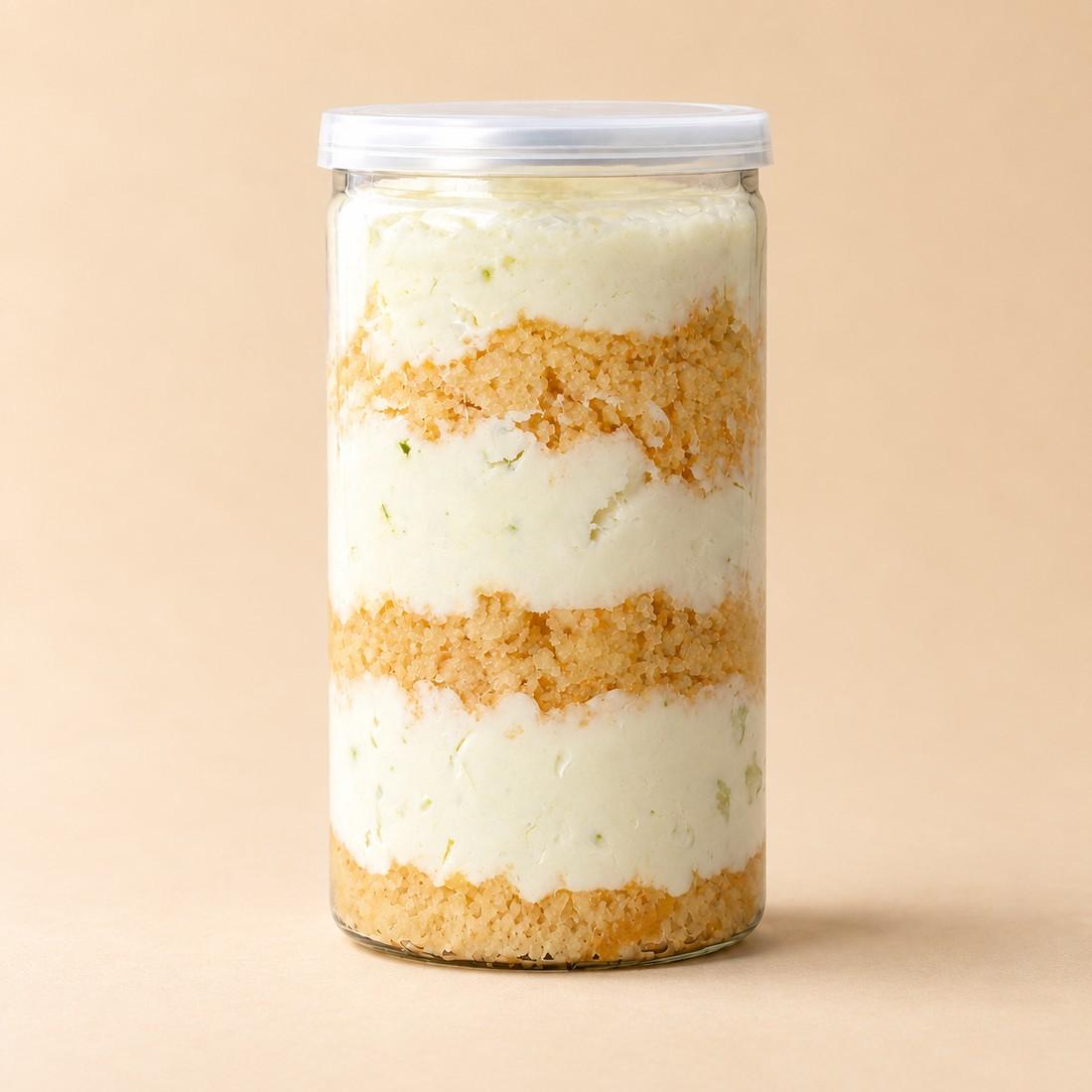 Key lime cream, vanilla sponge and coconut yogurt layered in a clear CRMY dessert jar